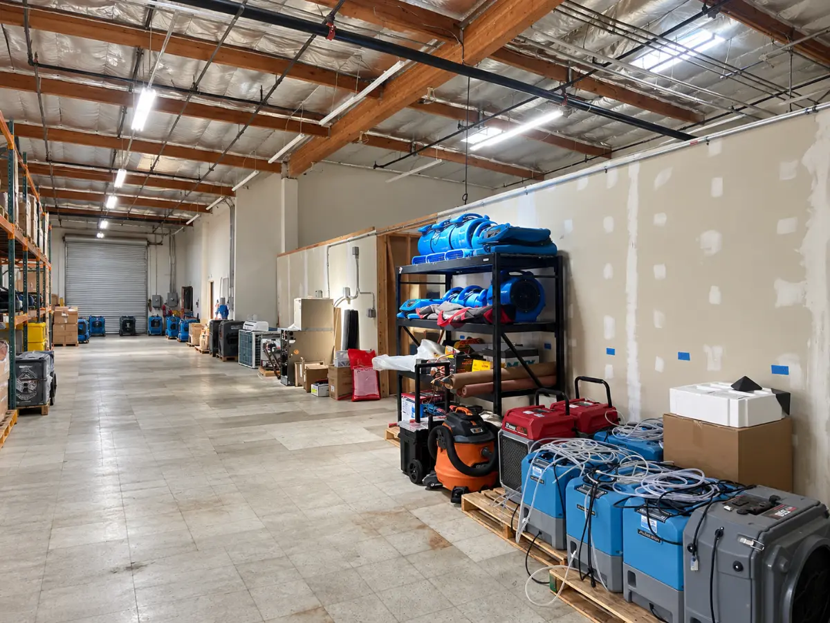 Water damage restoration equipment, including air movers, dehumidifiers, and drying machines, stored in a warehouse.